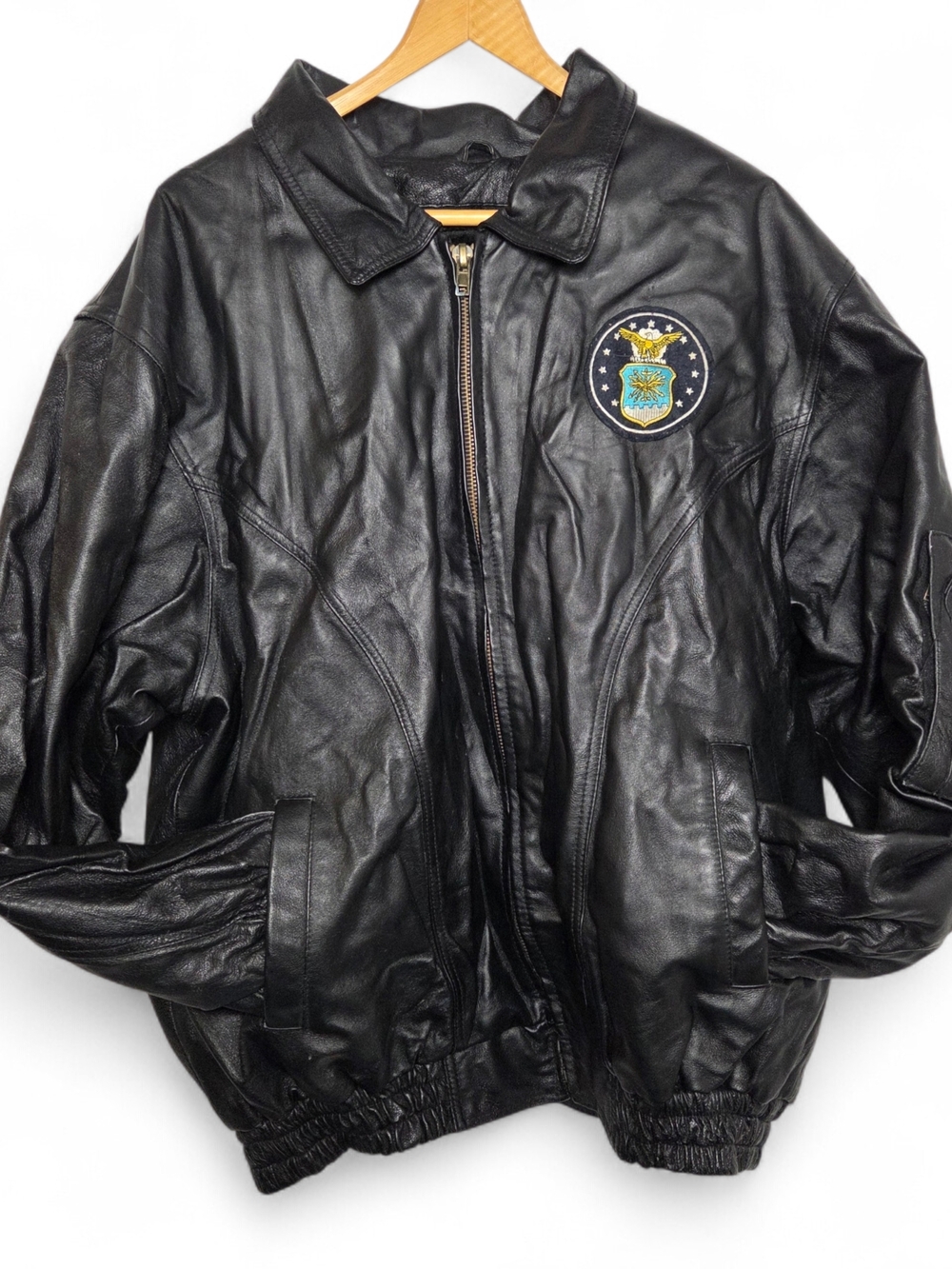 Oscar Piel Mens 2XL Genuine Leather Bomber Jacket Black Military Patch Air Force